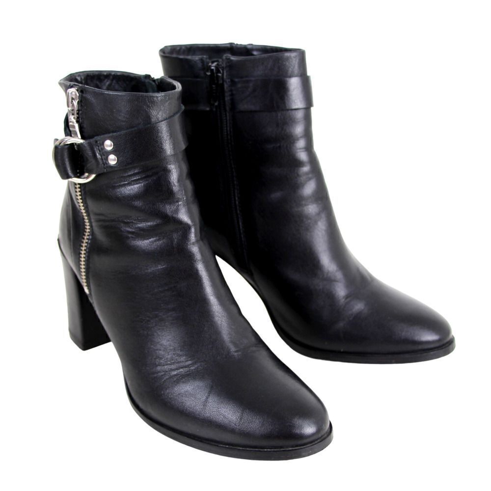 The White Company BLACK GENUINE LEATHER HIGH HEEL BELTED ZIP ANKLE BOOTS Size 38